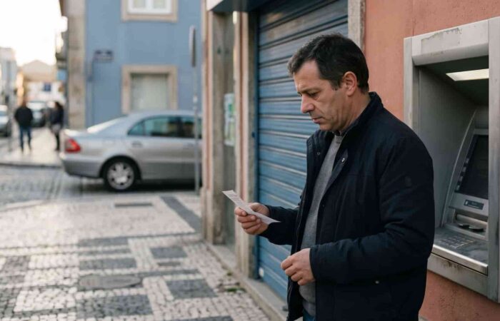 Homem parado junto a uma caixa multibanco ao final da tarde, a olhar para o comprovativo