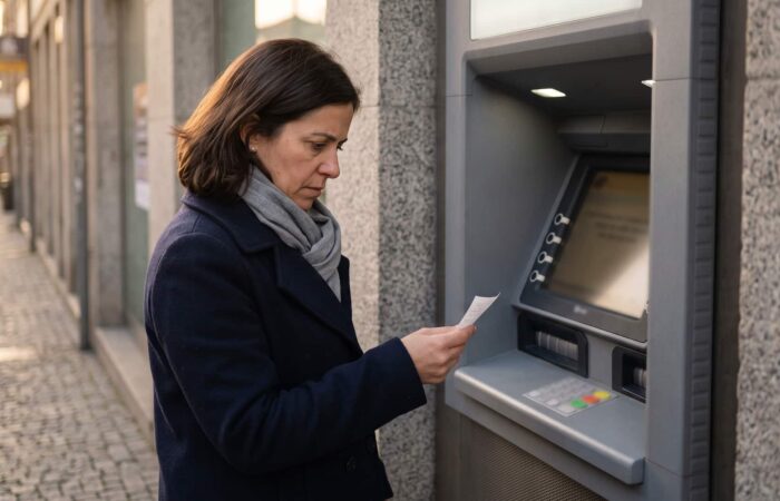 Mulher lê o talão num multibanco do Porto depois de encontrar a conta penhorada pela Segurança Social