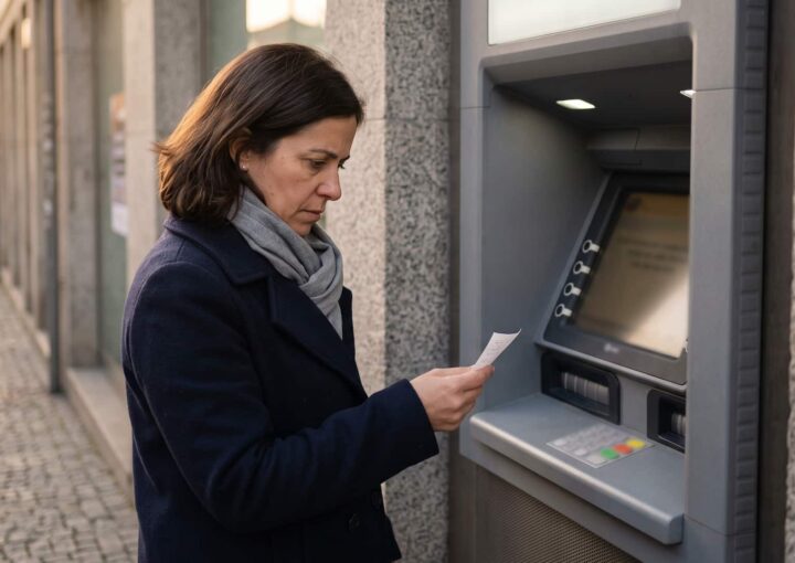 Mulher lê o talão num multibanco do Porto depois de encontrar a conta penhorada pela Segurança Social