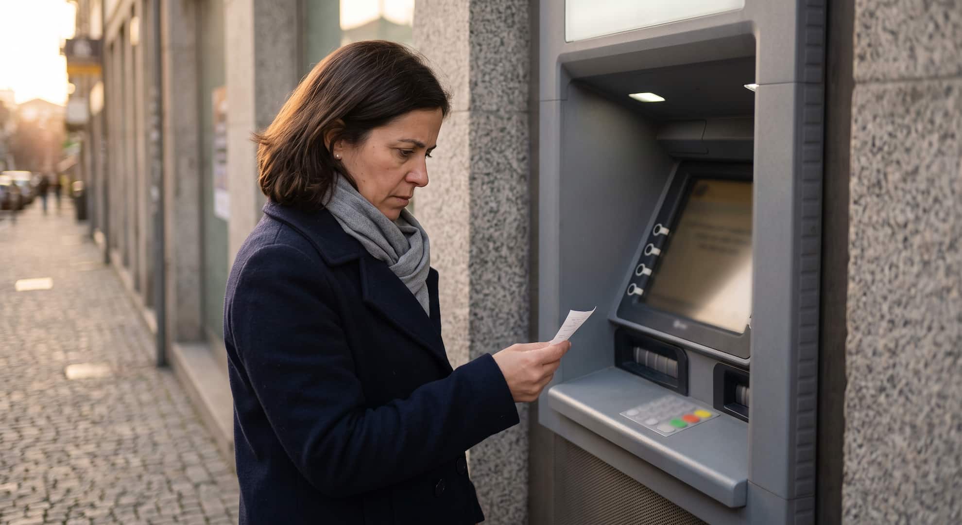 Mulher lê o talão num multibanco do Porto depois de encontrar a conta penhorada pela Segurança Social