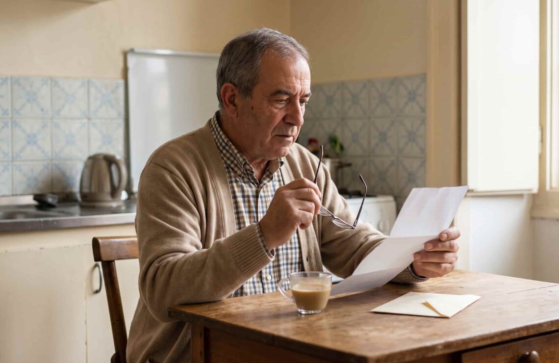 Reformado confere a carta da pensão na cozinha para saber quanto a Segurança Social pode penhorar