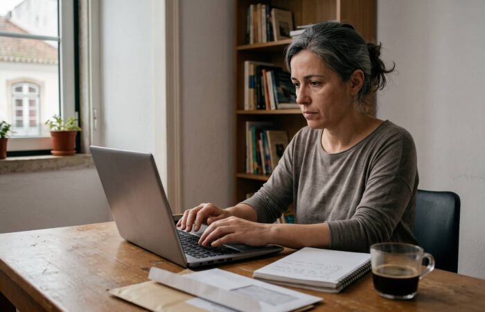Pessoa sentada à secretária a preencher um formulário no computador portátil, com envelopes e uma chávena de café ao lado.