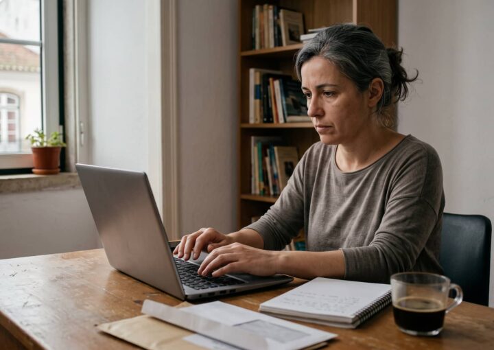 Pessoa sentada à secretária a preencher um formulário no computador portátil, com envelopes e uma chávena de café ao lado.