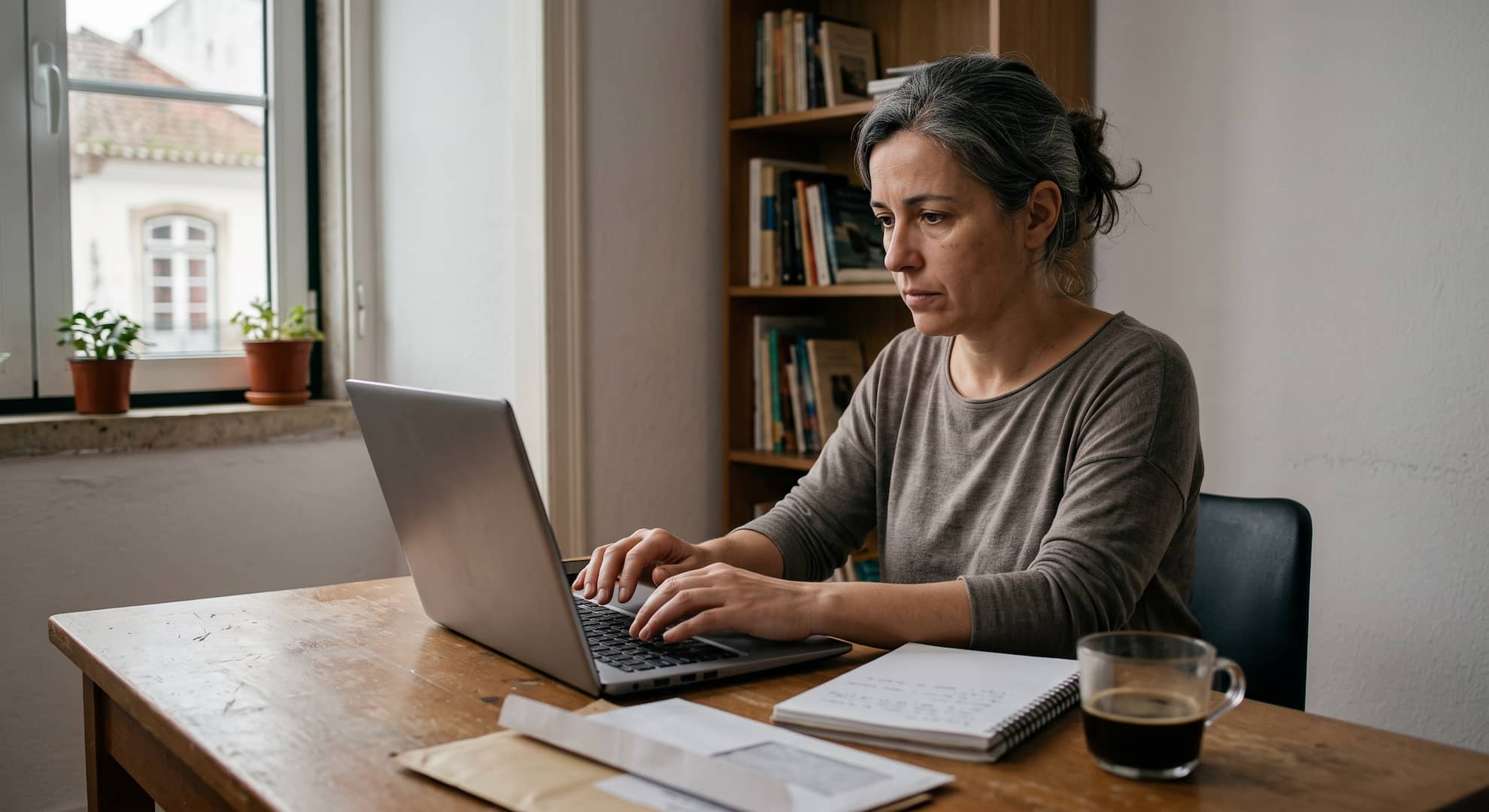 Pessoa sentada à secretária a preencher um formulário no computador portátil, com envelopes e uma chávena de café ao lado.