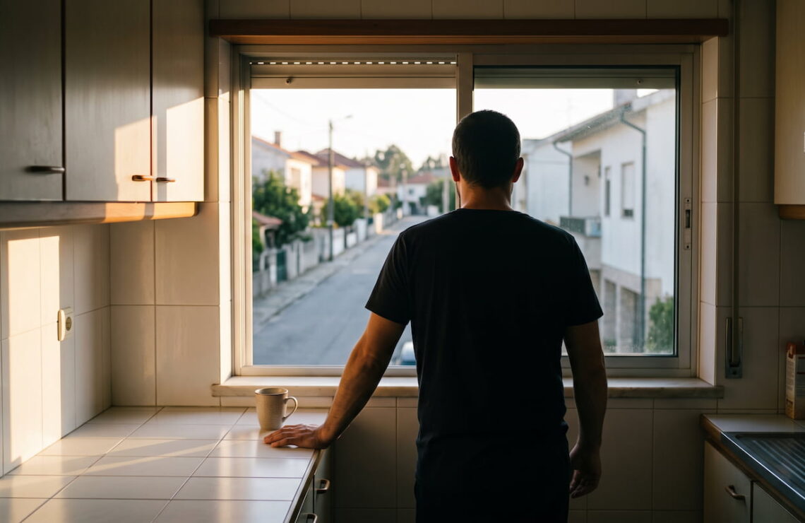 Homem de costas junto à janela de uma cozinha, a olhar para a rua ao fim da tarde.