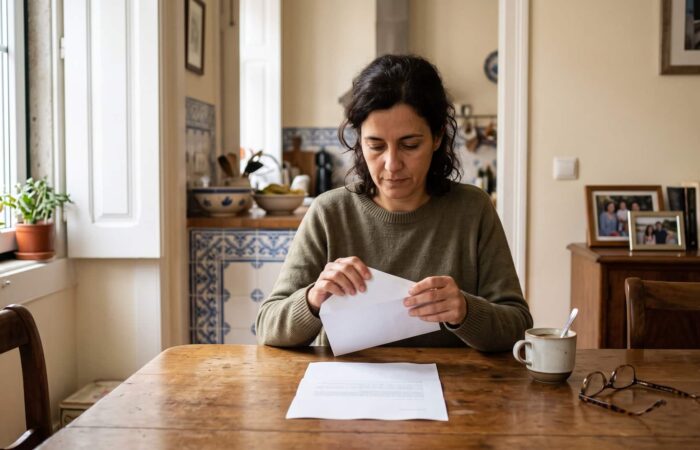 Mulher abre em casa a notificação das Finanças que dá início ao prazo da reclamação graciosa.