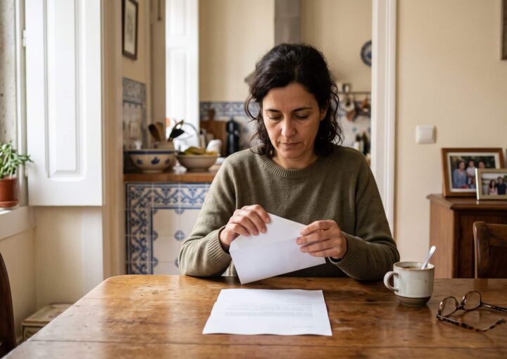 Mulher abre em casa a notificação das Finanças que dá início ao prazo da reclamação graciosa.