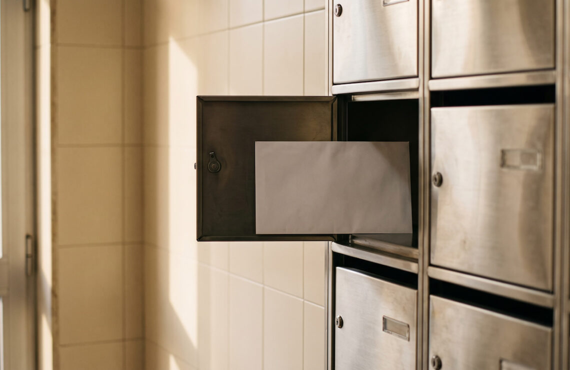 Envelope branco pousado no interior de uma caixa de correio aberta, à entrada de um prédio.