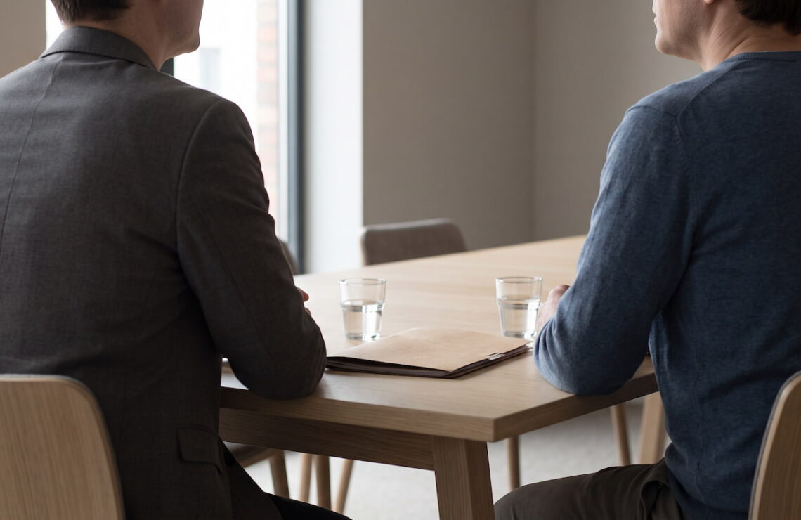 Duas pessoas sentadas lado a lado a uma mesa de reunião, vistas de costas.