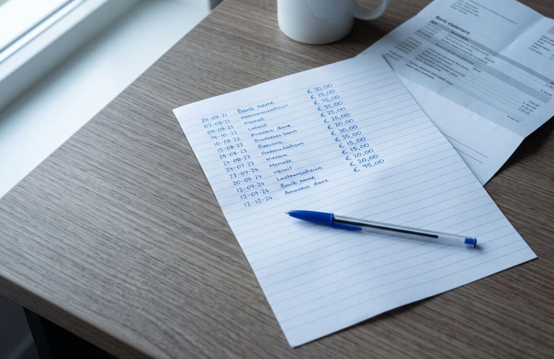 Lista de datas e valores escrita à mão sobre papel pautado, ao lado de um extrato bancário dobrado.