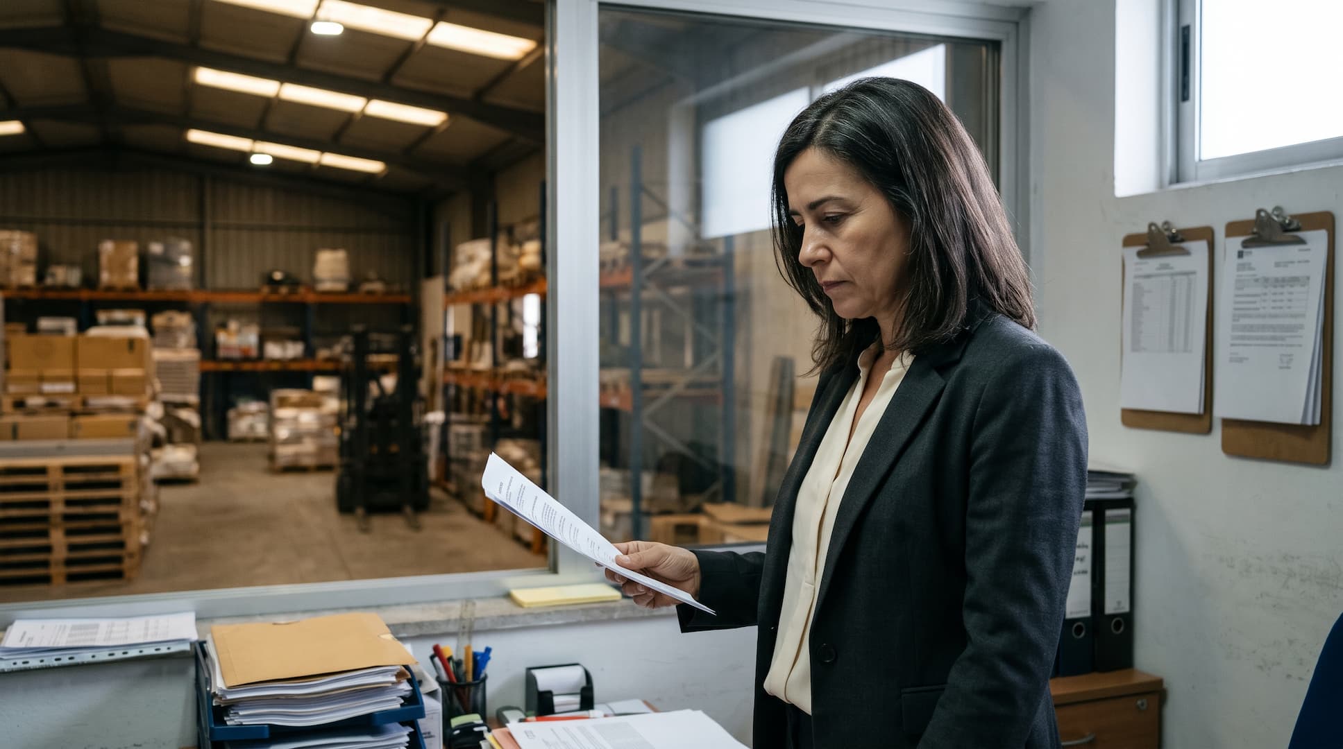 Empresária a analisar um documento judicial no escritório do armazém
