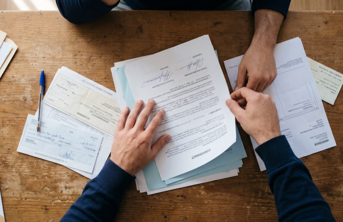 Contrato, faturas e cheque sobre a secretária, a separar os documentos que permitem executar