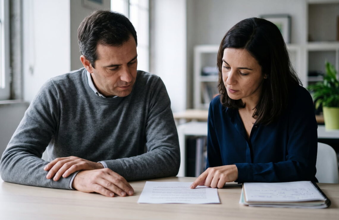 Dois sócios lado a lado a discutir uma folha de papel numa mesa de reuniões