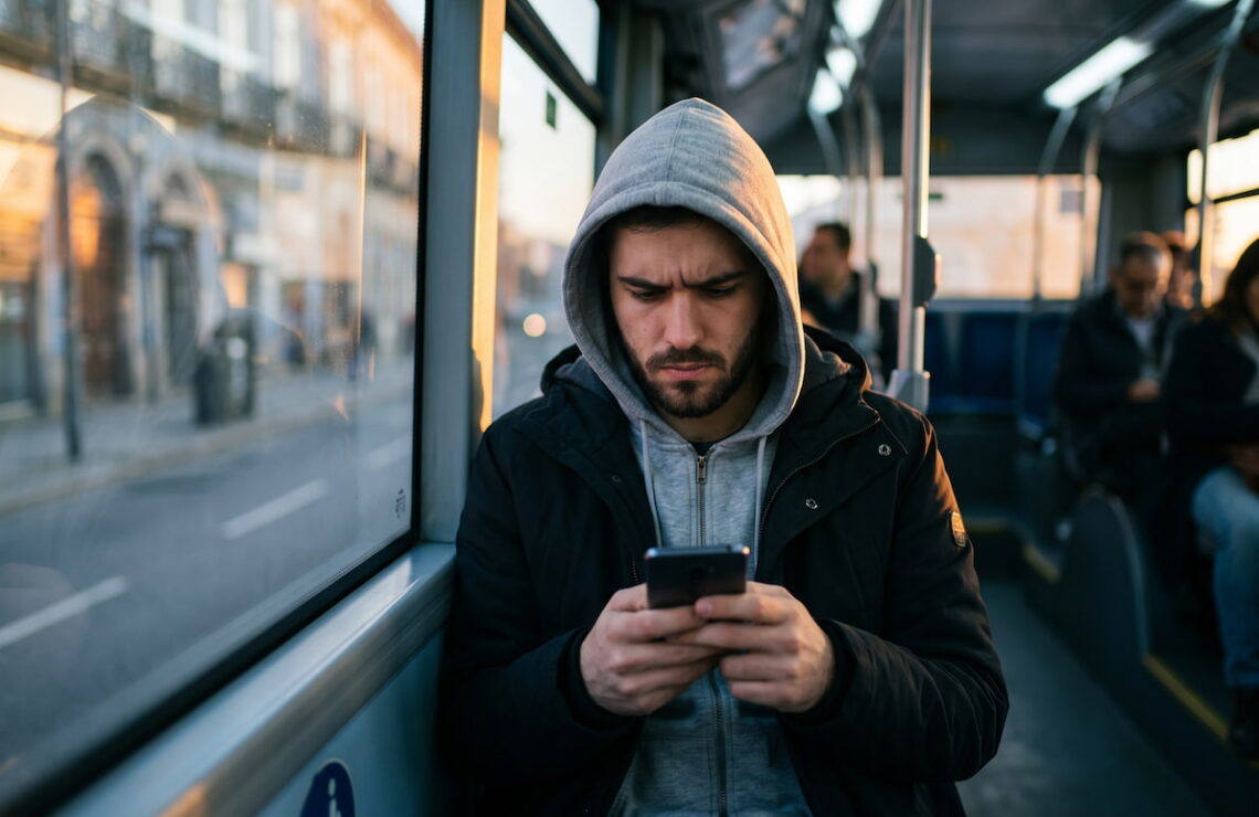 omem sentado num autocarro olha para o telemóvel com expressão tensa, ao fim da tarde