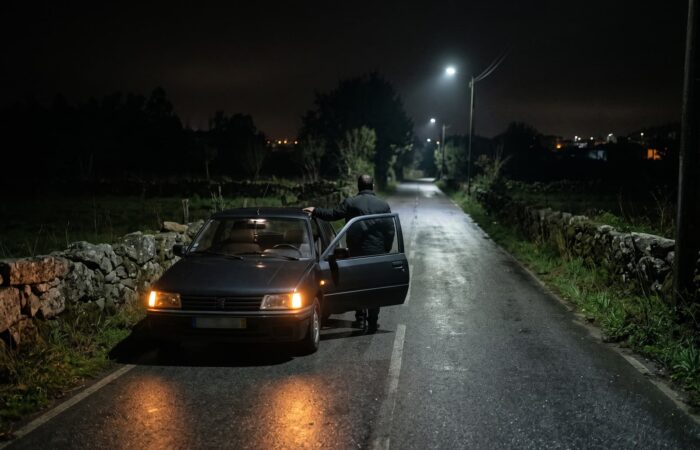 Condutor ao lado do carro parado na berma de uma estrada à noite