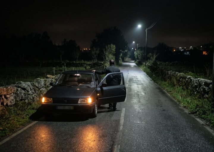 Condutor ao lado do carro parado na berma de uma estrada à noite
