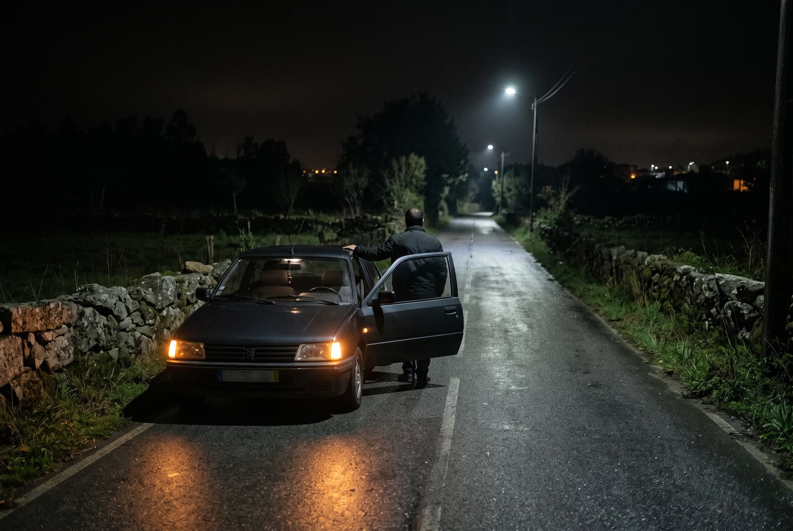 Condutor ao lado do carro parado na berma de uma estrada à noite