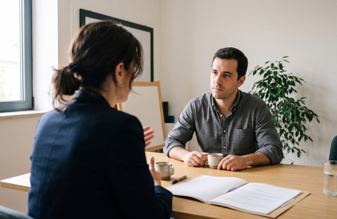 Advogada em reunião com cliente numa sala do escritório