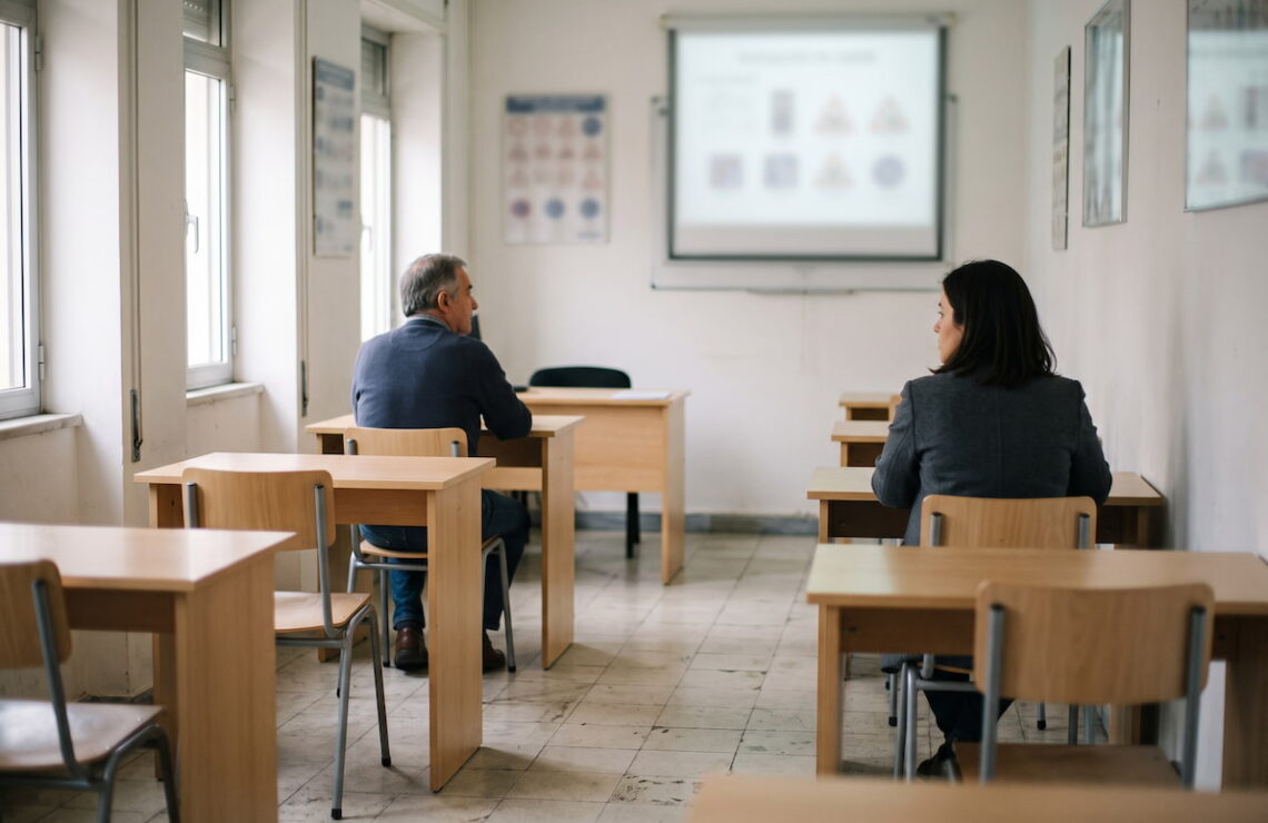 Condutores numa sala de formação de uma escola de condução