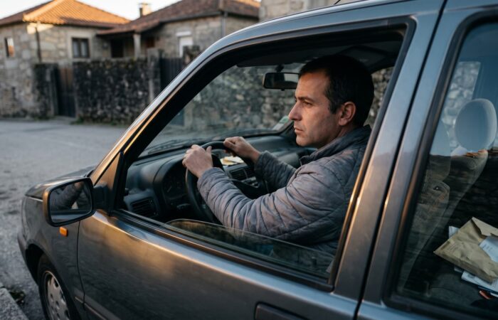 Condutor sentado no carro parado com um envelope aberto no banco ao lado