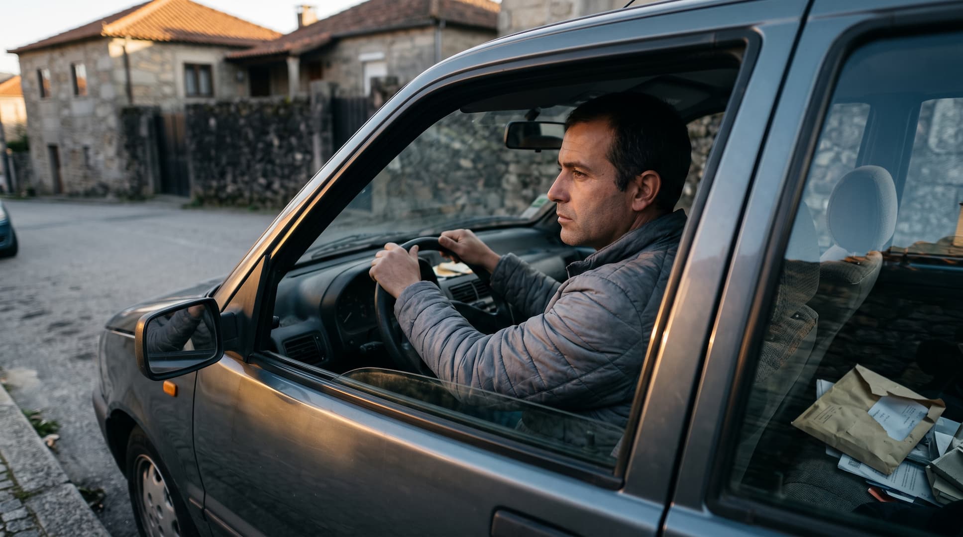 Condutor sentado no carro parado com um envelope aberto no banco ao lado