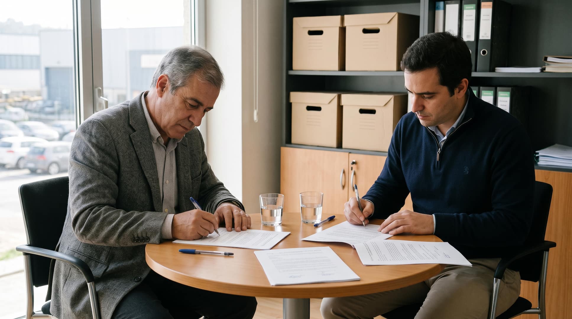 Dois sócios a assinar um documento à mesa, no escritório de uma empresa familiar