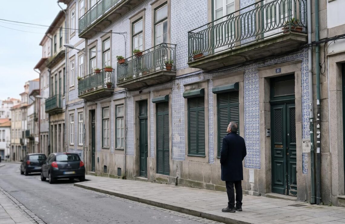 Homem diante de um prédio de habitação com fachada de azulejo numa rua do Porto