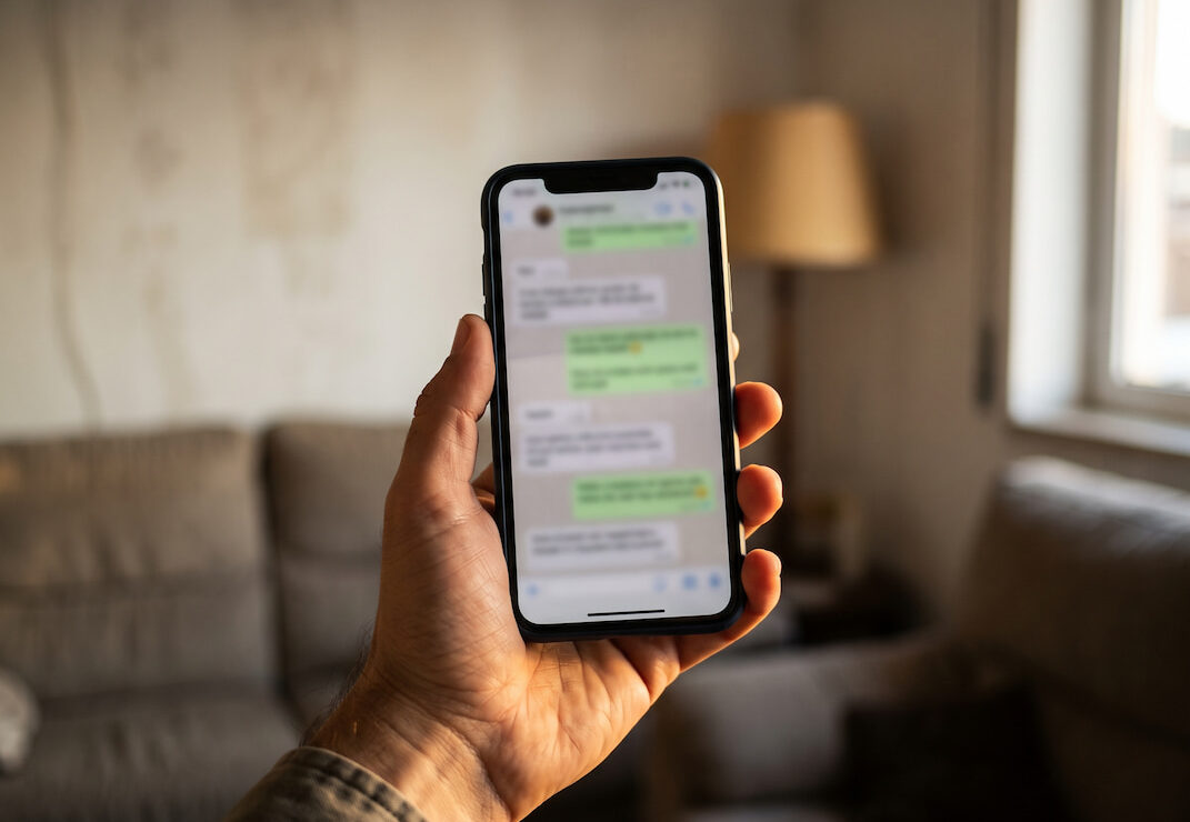 Mão a segurar um telemóvel com uma conversa de mensagens desfocada no ecrã, numa sala com luz de fim de tarde