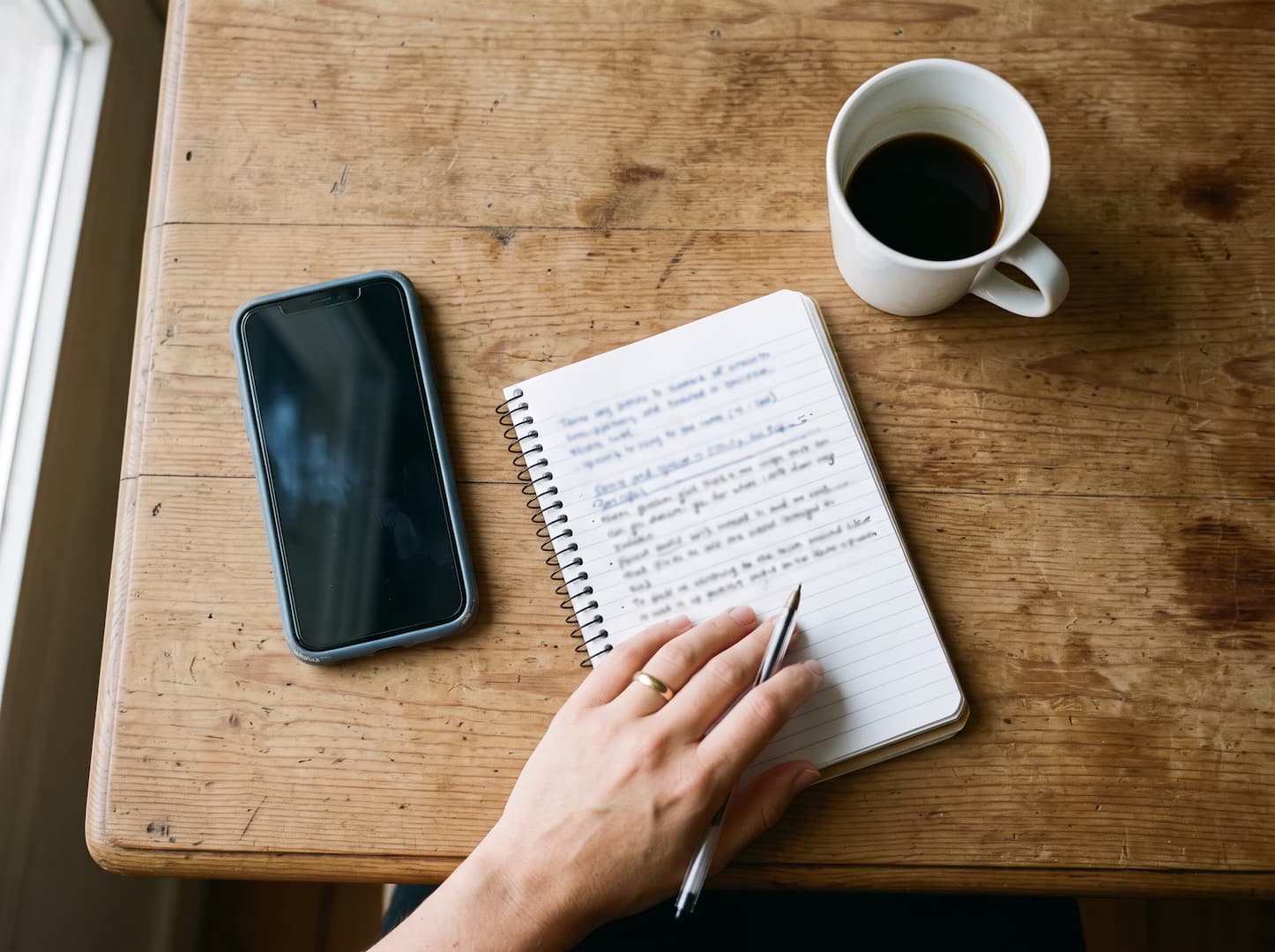 Mesa de cozinha em Portugal, de manhã, com um telemóvel, um caderno aberto com anotações manuscritas e uma caneca de café, vista de cima