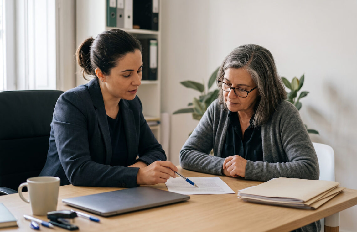 Advogada e cliente analisam um documento num escritório, sentadas lado a lado