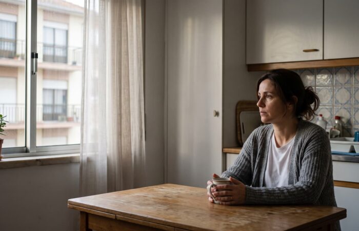 Mulher sentada sozinha à mesa da cozinha, de manhã, a olhar pela janela de um apartamento