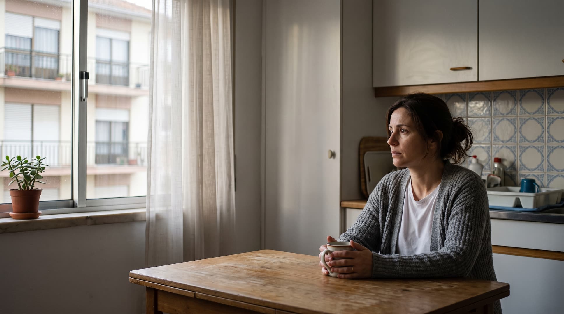 Mulher sentada sozinha à mesa da cozinha, de manhã, a olhar pela janela de um apartamento