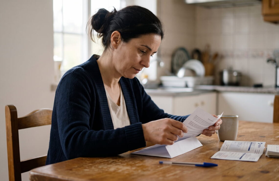 Sócia a dobrar uma carta para colocar num envelope, à mesa da cozinha