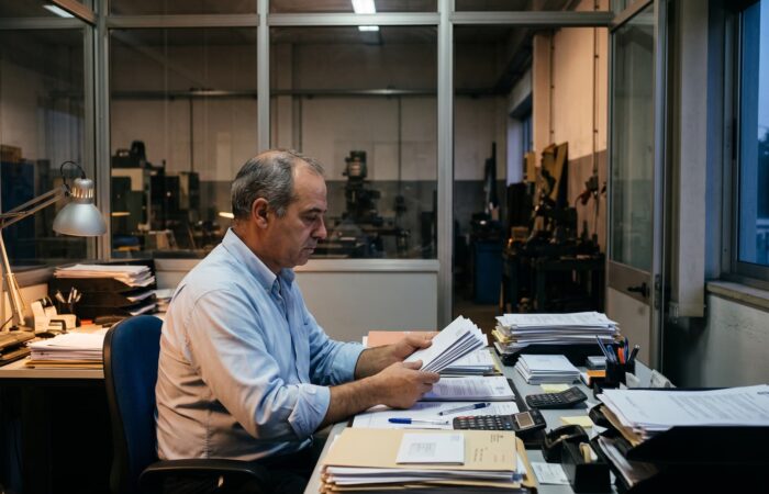 Empresário analisa cartas por abrir no escritório de uma pequena empresa metalúrgica parada