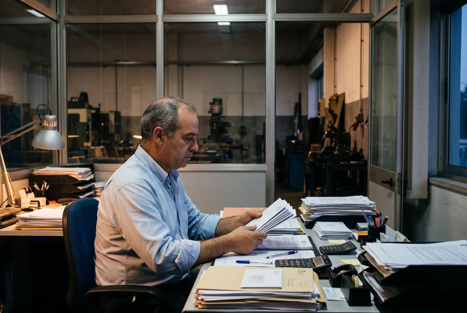 Empresário analisa cartas por abrir no escritório de uma pequena empresa metalúrgica parada
