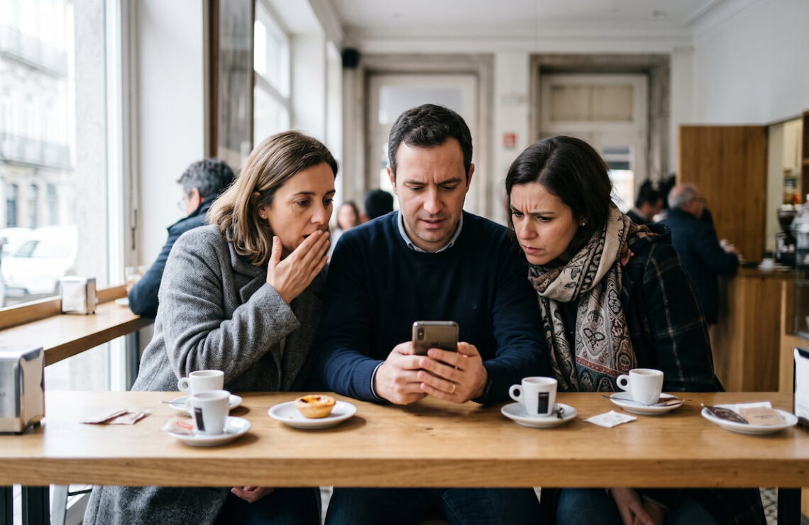 Grupo de pessoas num café olha para o mesmo telemóvel, uma delas com expressão de surpresa