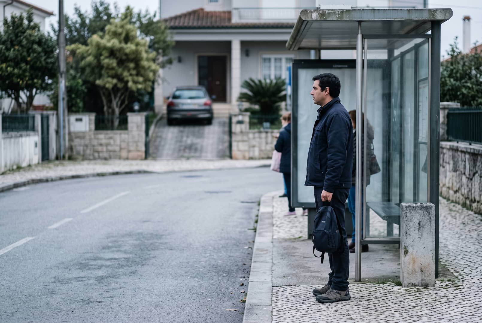 Homem à espera do autocarro com o carro estacionado atrás