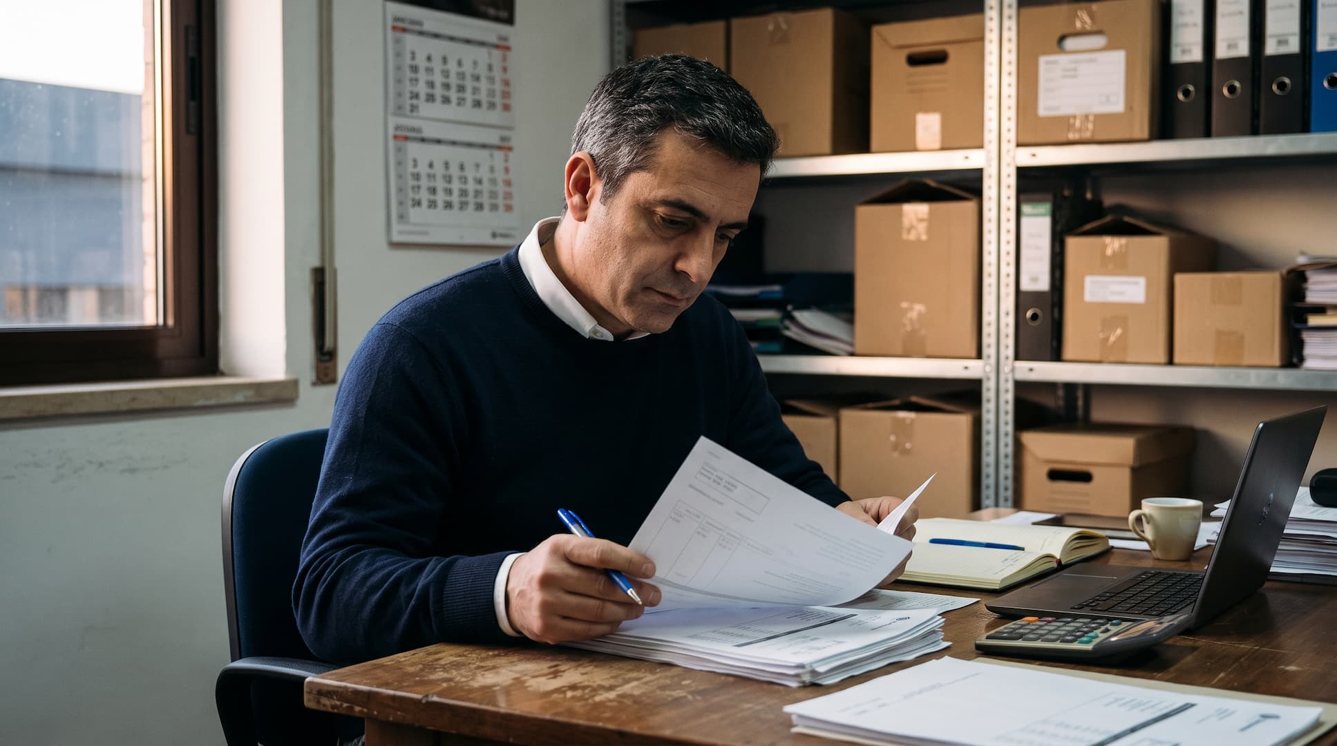 Empresário a rever faturas por pagar no escritório da empresa