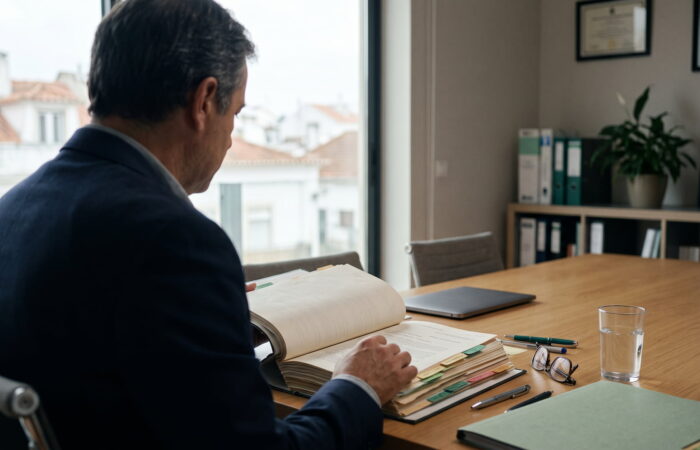 Gerente lê o processo de insolvência da sua empresa numa sala de reuniões