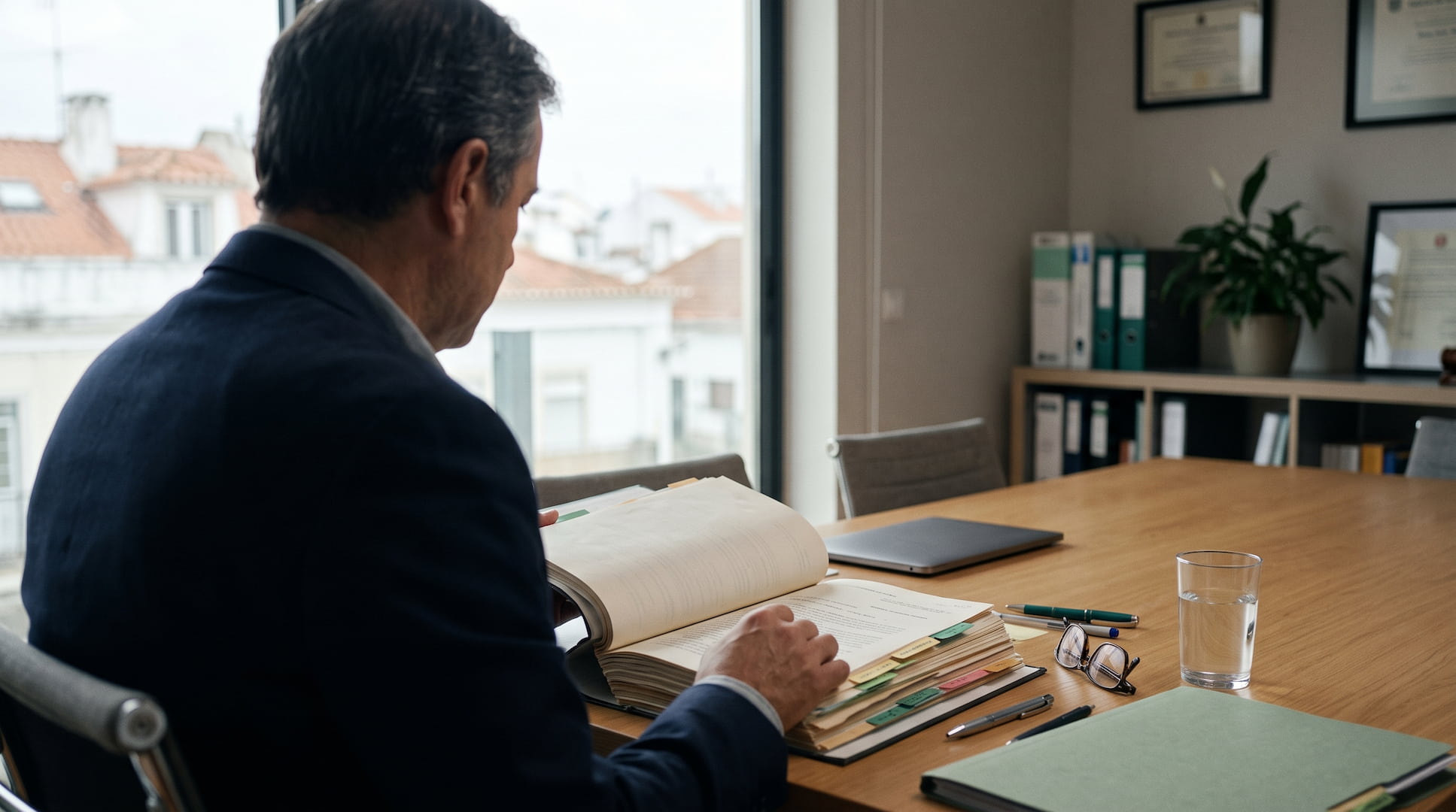 Gerente lê o processo de insolvência da sua empresa numa sala de reuniões