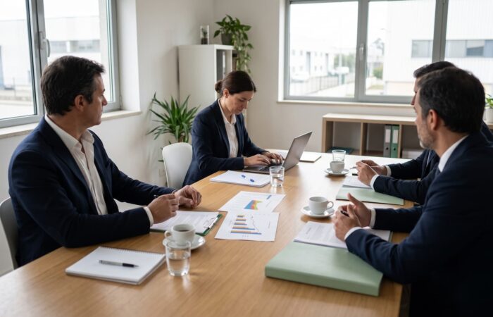 Gerente da empresa negoceia um plano de recuperação com credores numa sala de reuniões