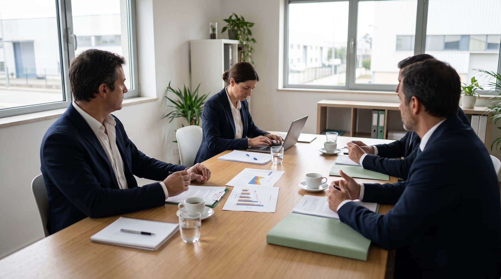 Gerente da empresa negoceia um plano de recuperação com credores numa sala de reuniões