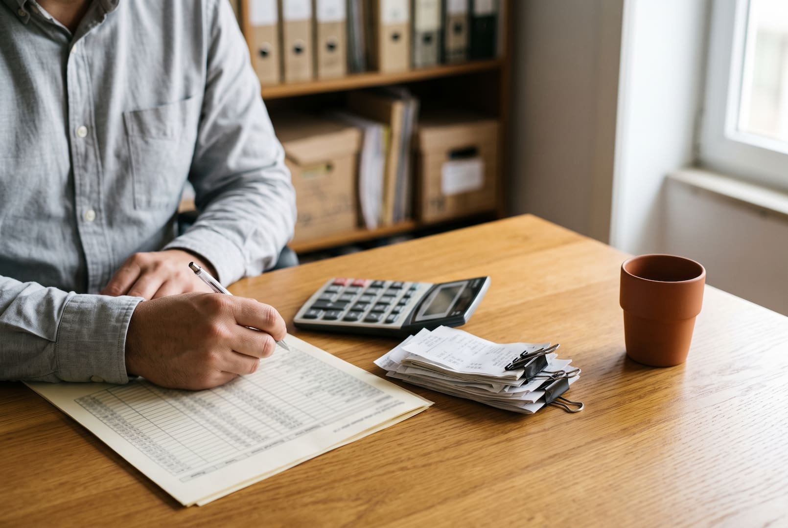 Empresário faz contas aos custos de encerrar a empresa com uma calculadora