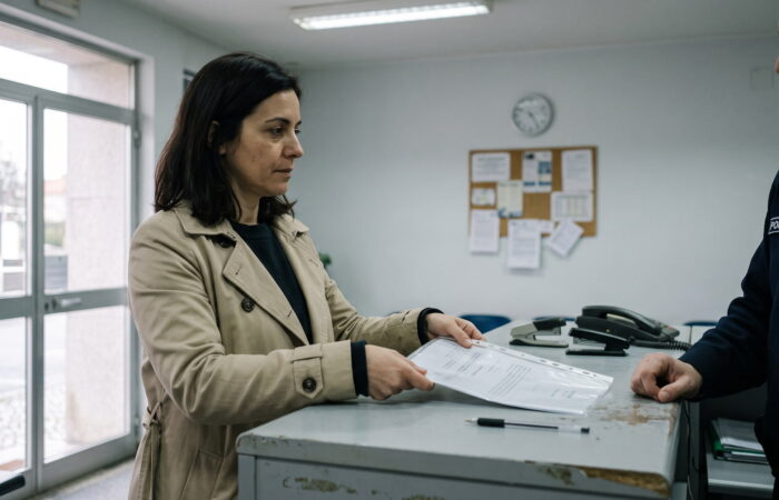 Mulher entrega documentos a um agente ao balcão de uma esquadra da PSP, vista de lado