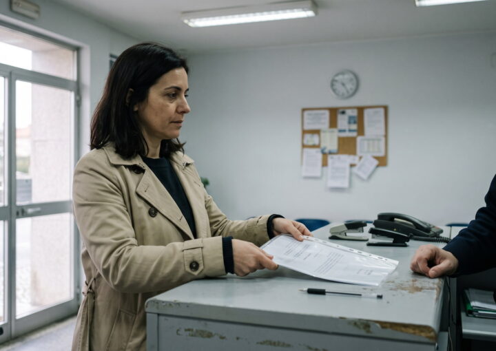 Mulher entrega documentos a um agente ao balcão de uma esquadra da PSP, vista de lado