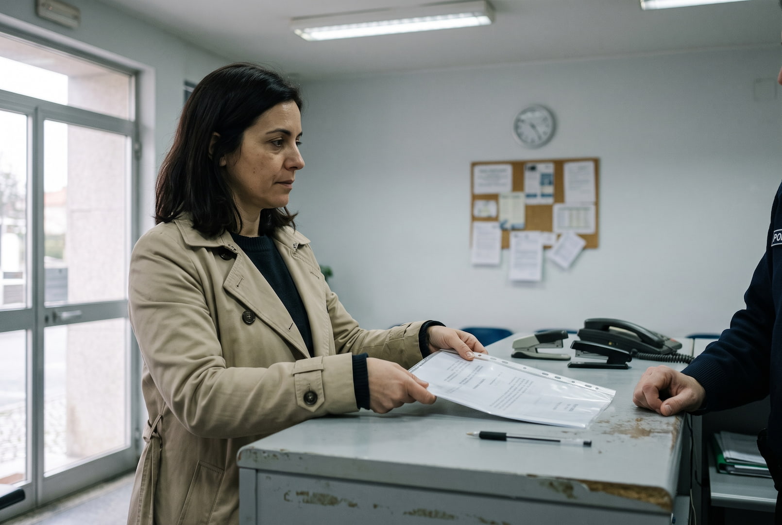 Mulher entrega documentos a um agente ao balcão de uma esquadra da PSP, vista de lado