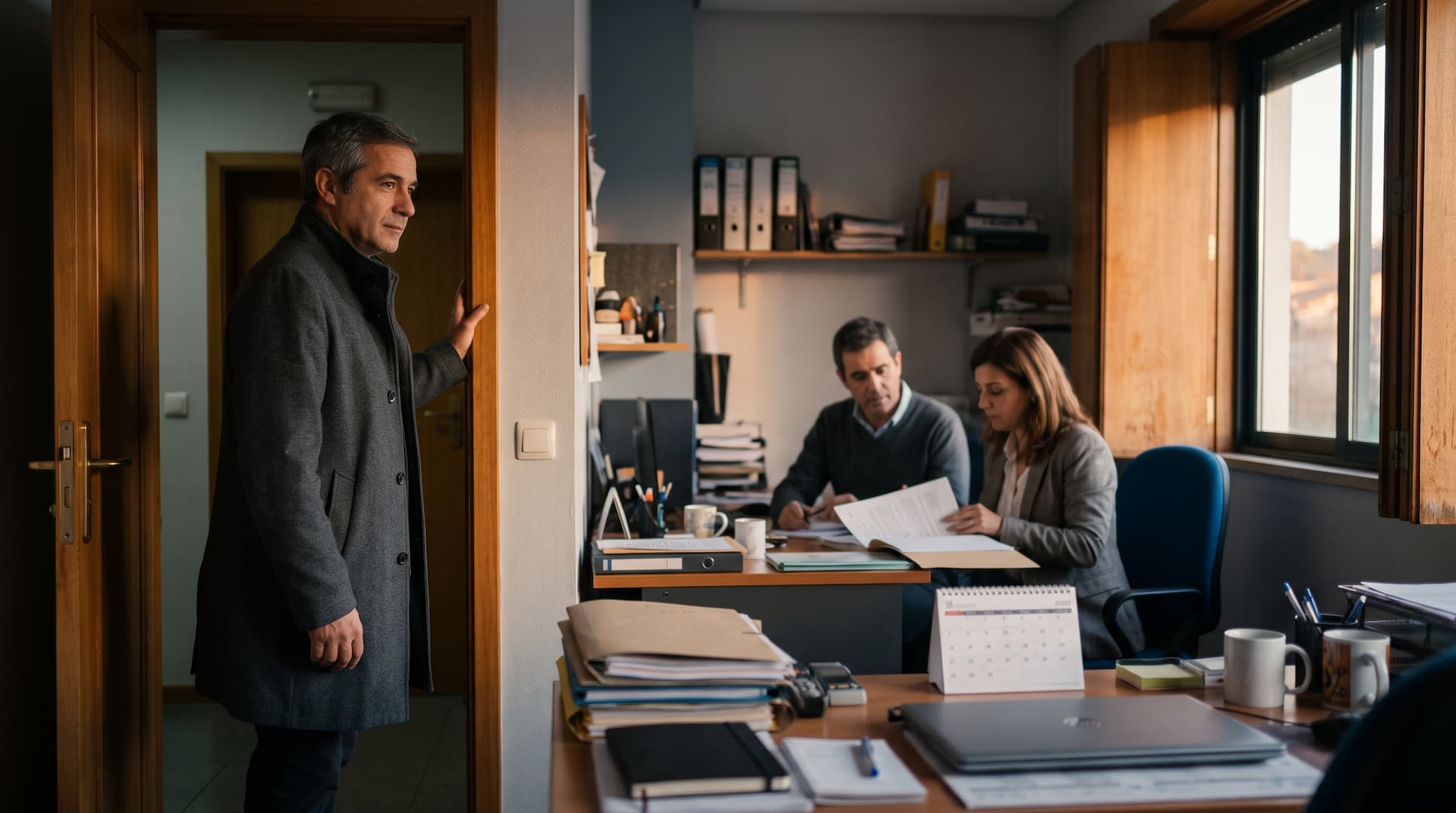 Sócio à porta do escritório, a olhar para trás, enquanto os outros dois continuam à secretária
