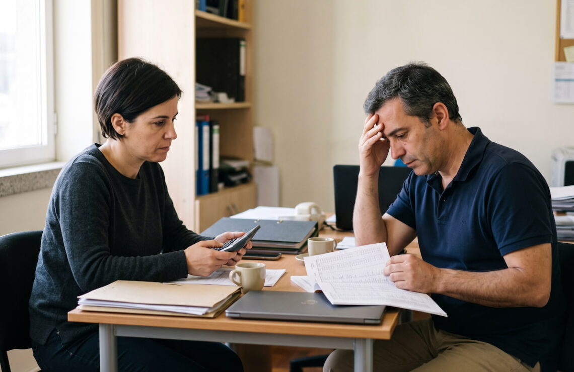 Dois sócios fazem contas ao passivo da empresa numa mesa de reuniões