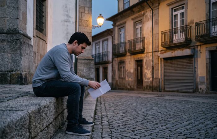 Jovem sentado num muro de pedra numa praça ao anoitecer, com um papel dobrado nas mãos