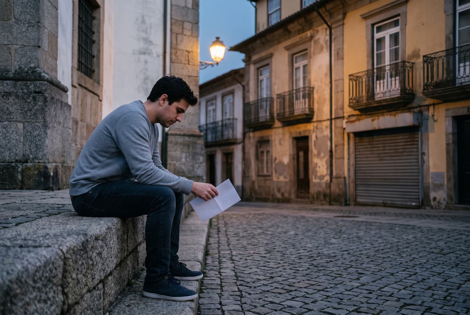 Jovem sentado num muro de pedra numa praça ao anoitecer, com um papel dobrado nas mãos